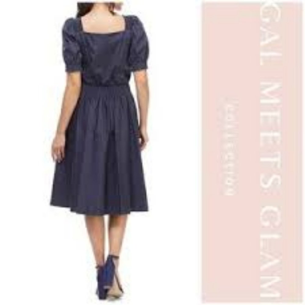 Gal Meets Glam Navy Blue Midi Dress with Puff Sleeves